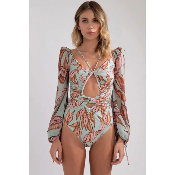 Boho Floral LongβSleeve Cutout Swimsuit Blue Pink One piece β Medium - Picture 4 of 11